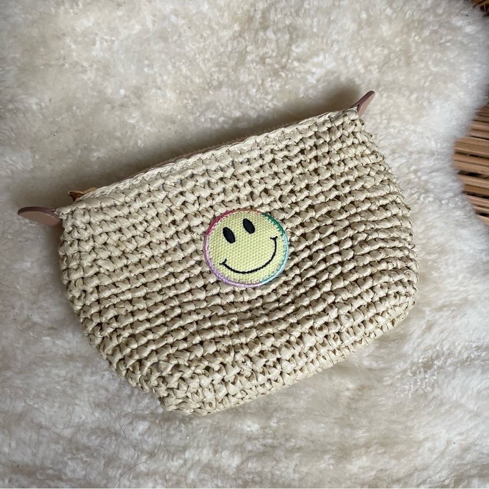 NWT Stoney Clover Lane Pouchette Woven Cream Clutch with Smiley Patch